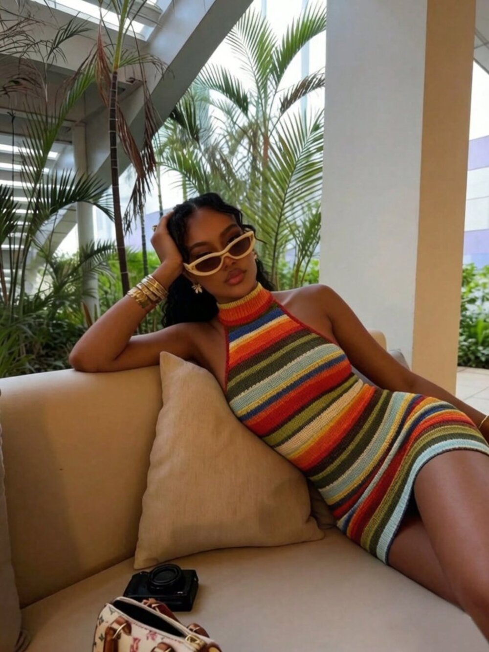 Multicolor Casual Women's Colorblock Spaghetti Strap Backless Beach mini Dress - Picture 6 of 9